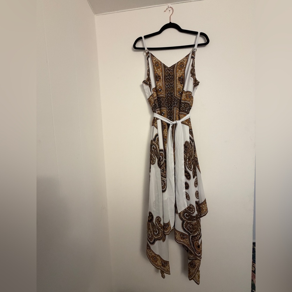 Michael Kors Paisley Shark Bite Hem White Waist Sash Spaghetti Strap XL Dress